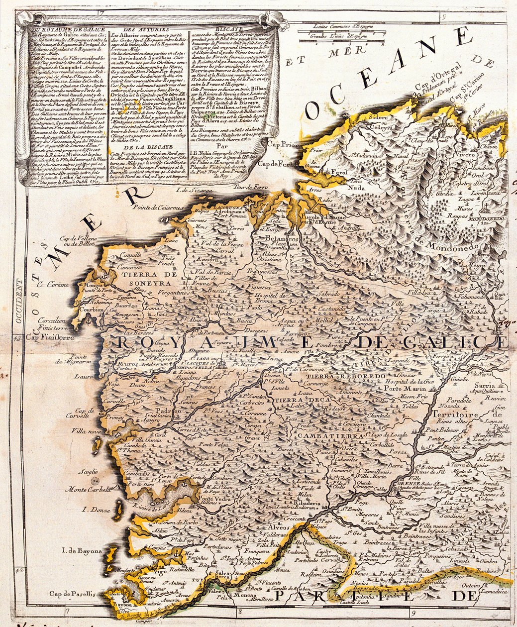 Mapa království Galicie (Španělsko) (rytina od Jean Baptiste Nolin