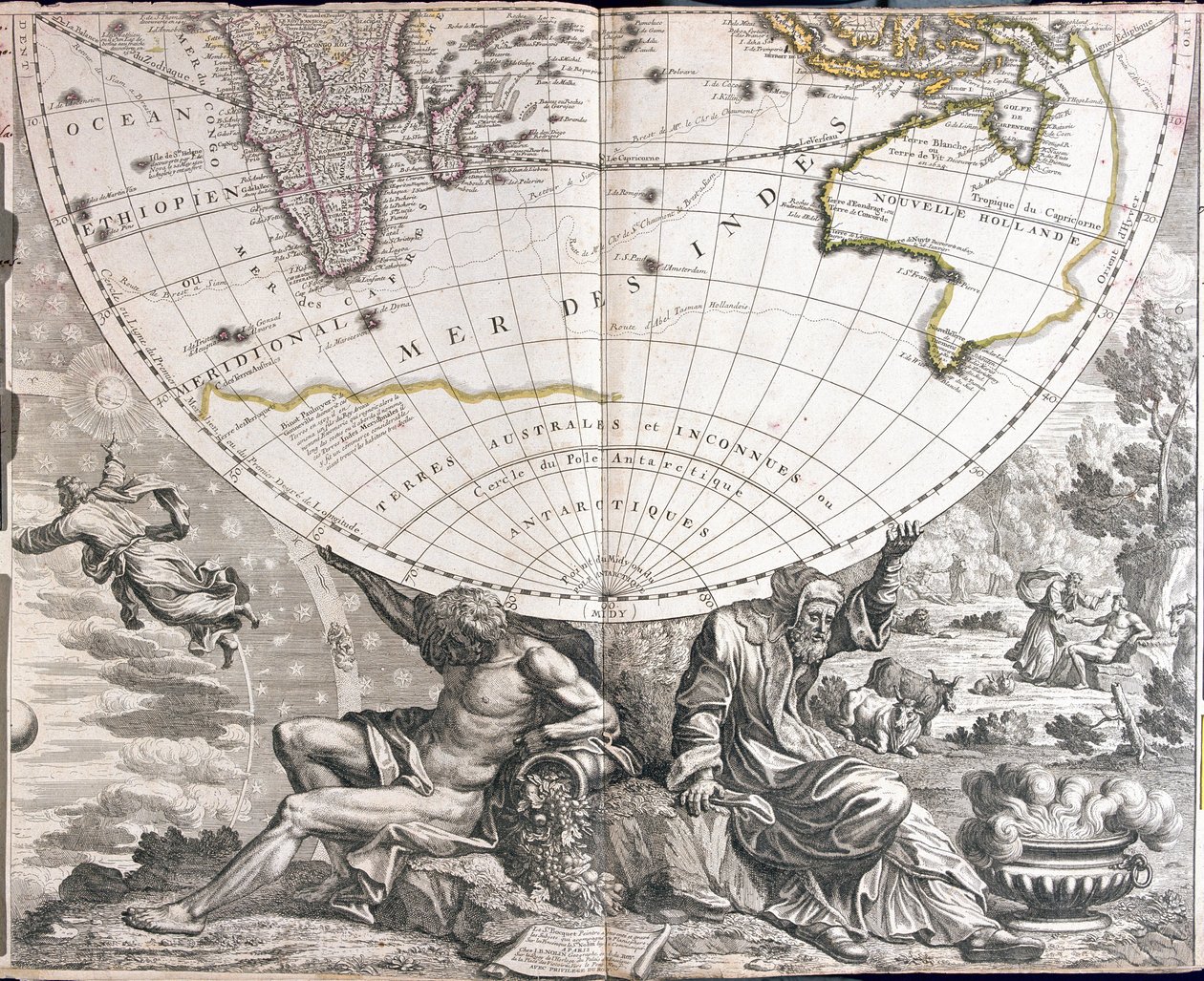 Mapa jižní polokoule světa od Jean Baptiste Nolin