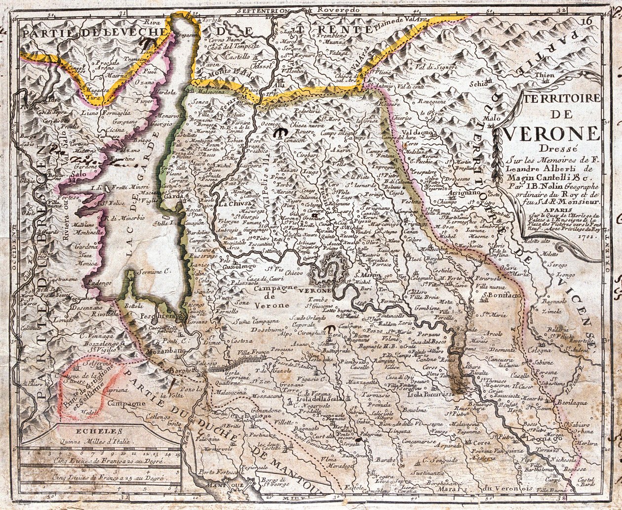 Mapa území Verony (Veneto, Itálie) (lept od Jean Baptiste Nolin