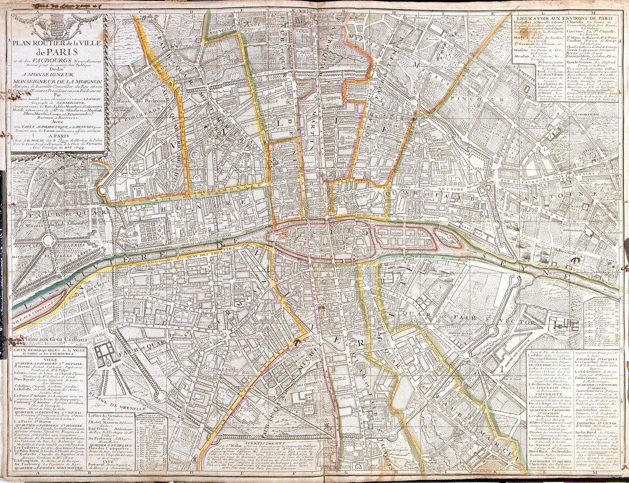 Mapa trasy Paříže a jejích předměstí od Jean Baptiste Nolin