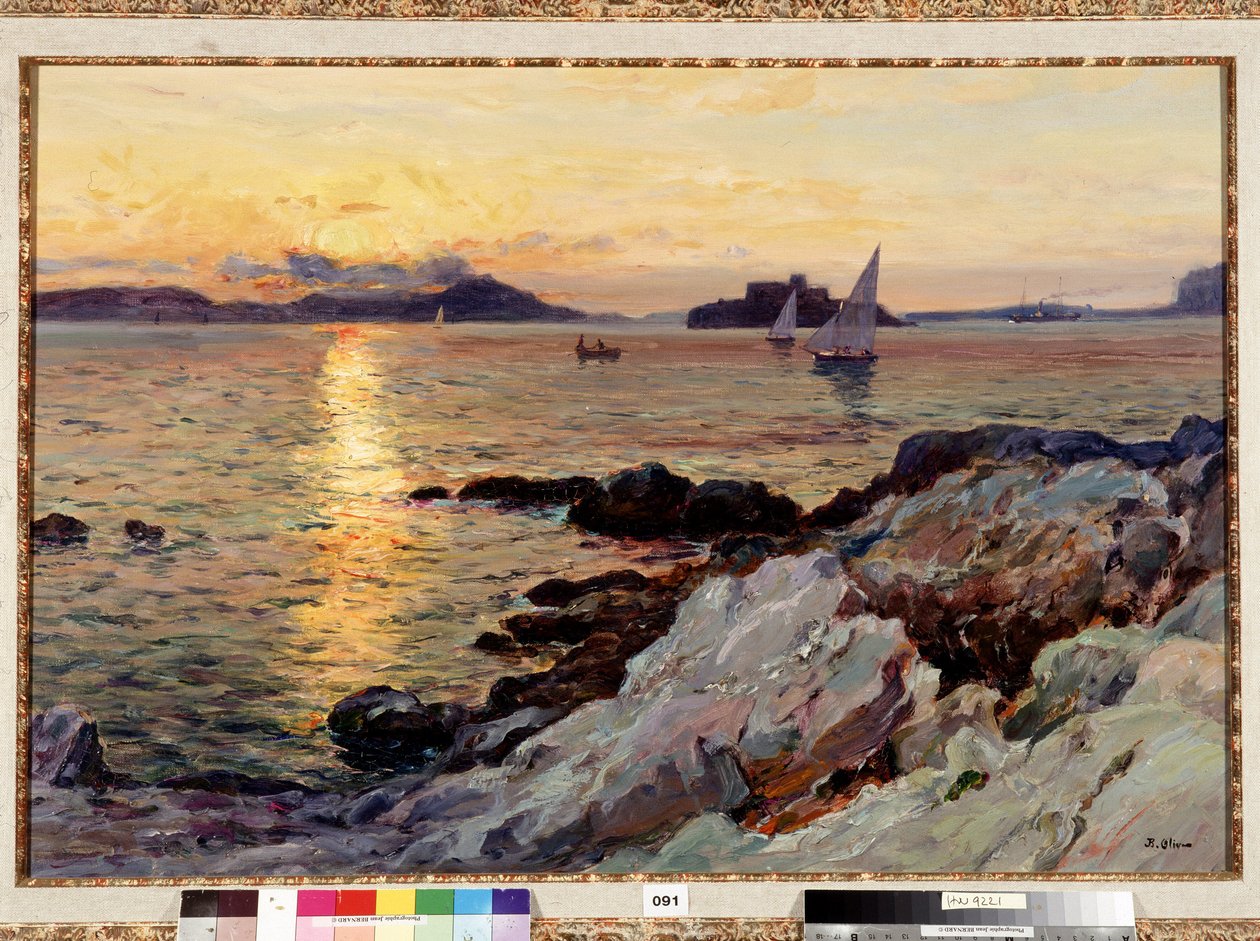 Západ slunce na Frioul Obraz Jean Baptiste Olive (1848-1936) 20. století Rozm. 50x73 cm Povinná zmínka: Sbírka zakládání pozdravů z Provence, Marseille od Jean Baptiste Olive