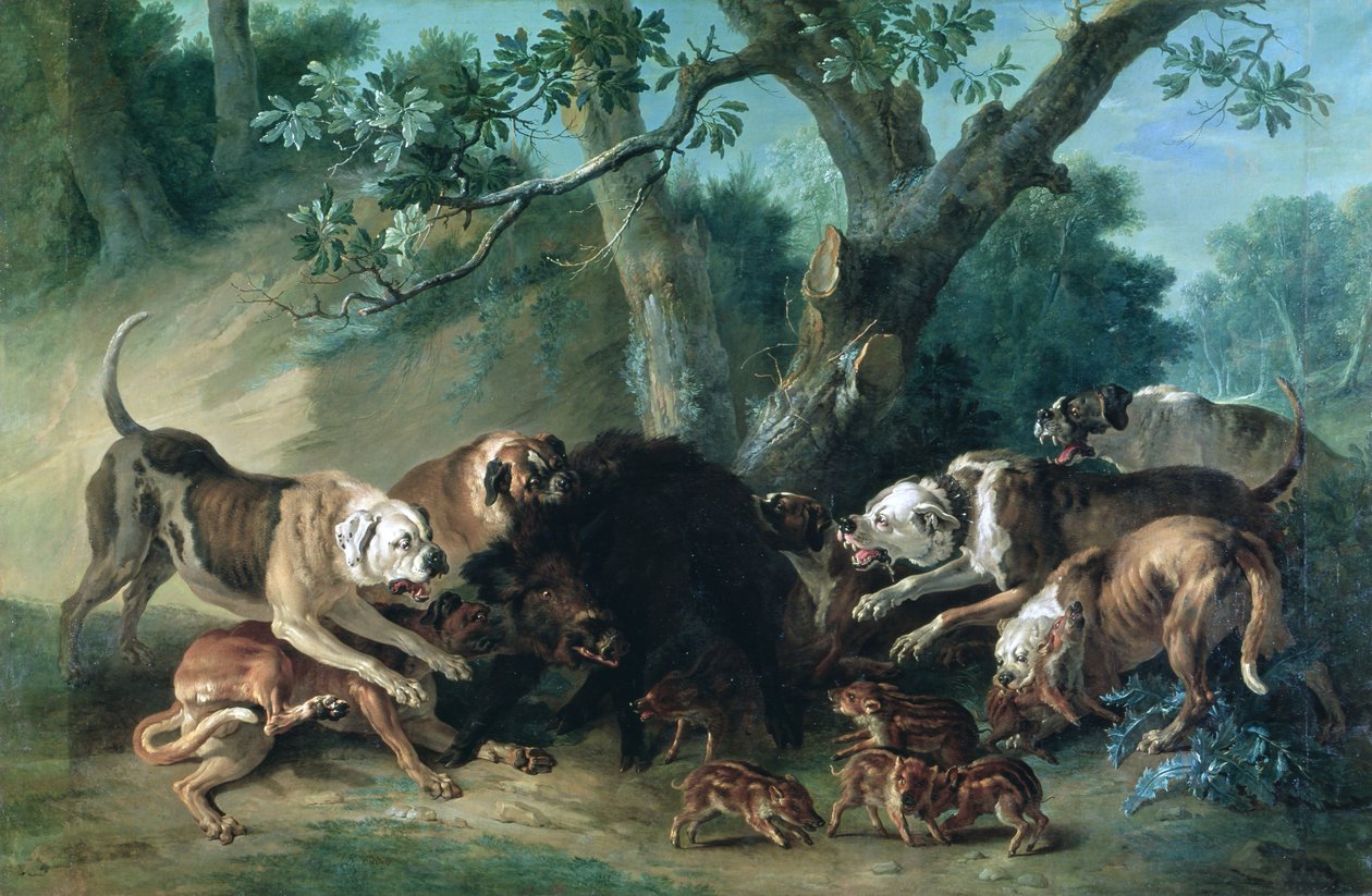 Divoká prasnice a její mládě napadené psy od Jean Baptiste Oudry