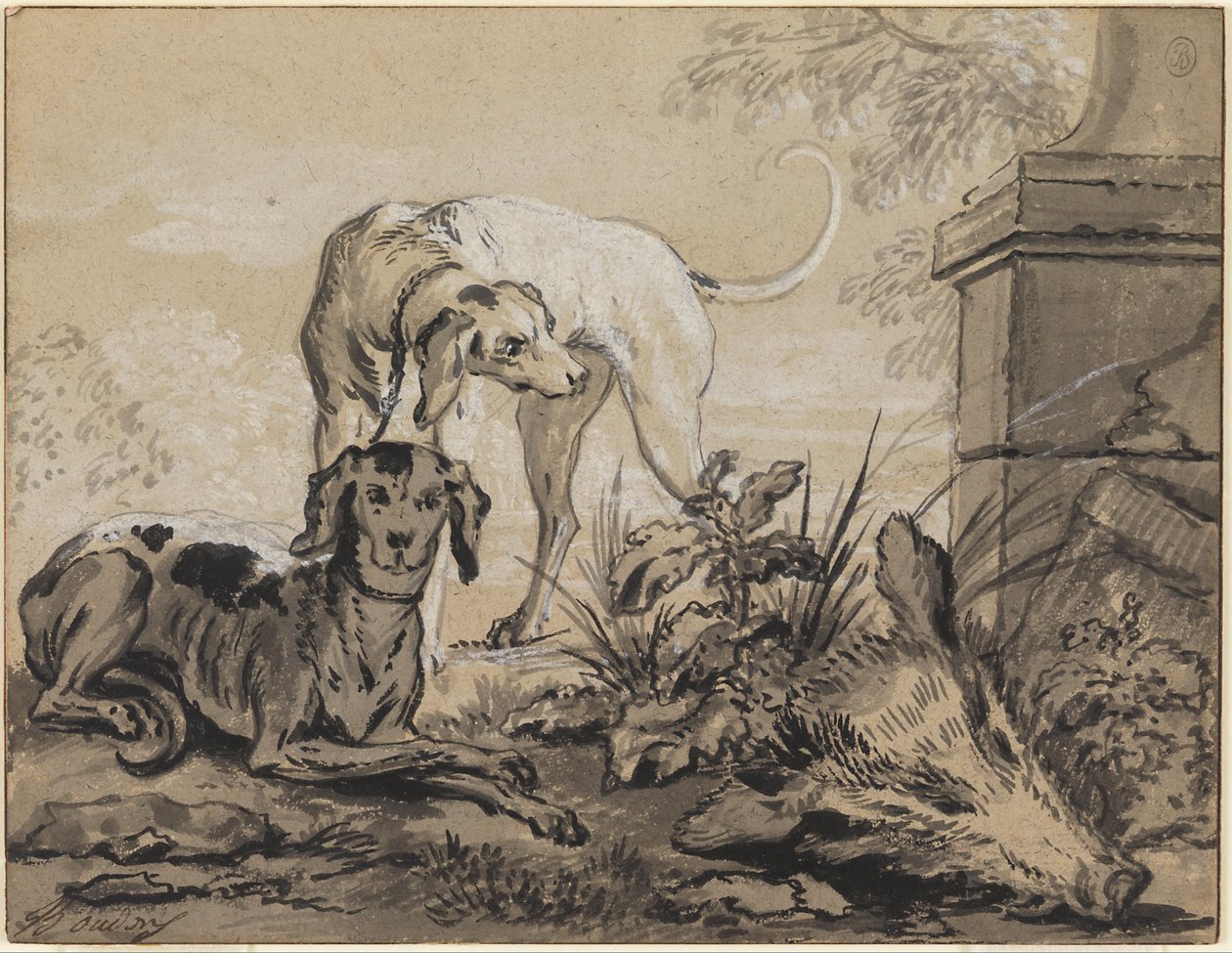 Po lovu: Dva psi vedle kančí hlavy od Jean Baptiste Oudry