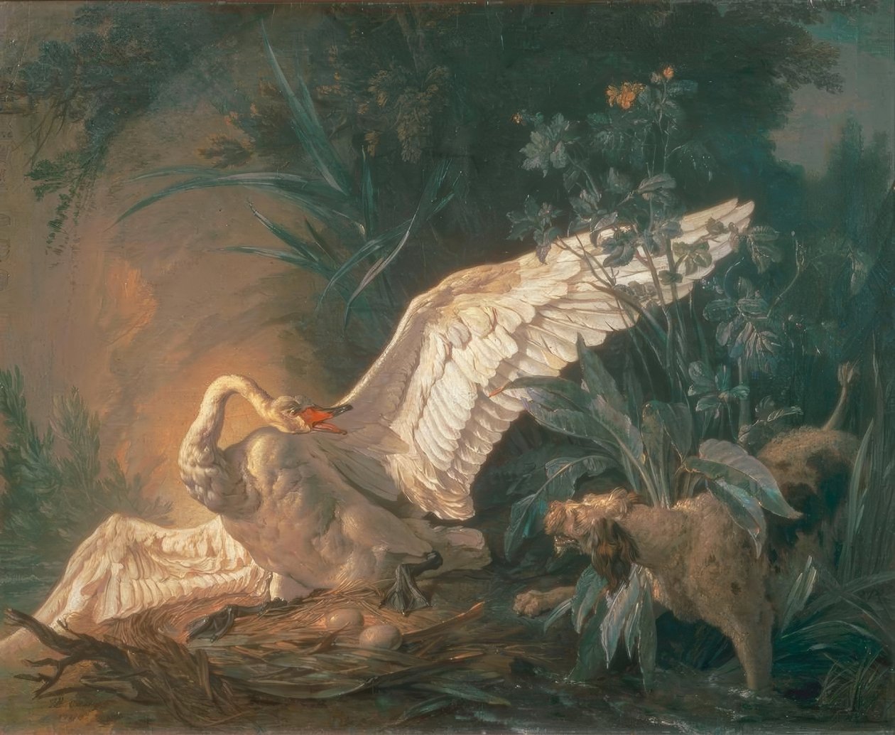 Pes barbet útočí na labuť v hnízdě od Jean Baptiste Oudry