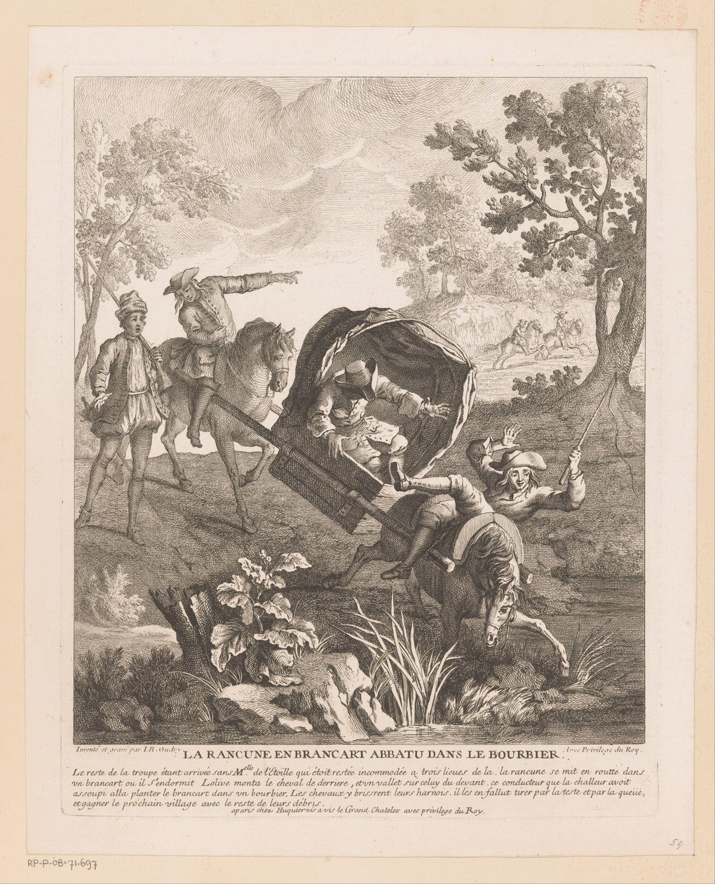 Nosič s koňmi padá do vody La Rancune en brancart abbatu dans le bourbier (název na objektu) Scény ze Scarronova Roman Comique (název série) od Jean Baptiste Oudry