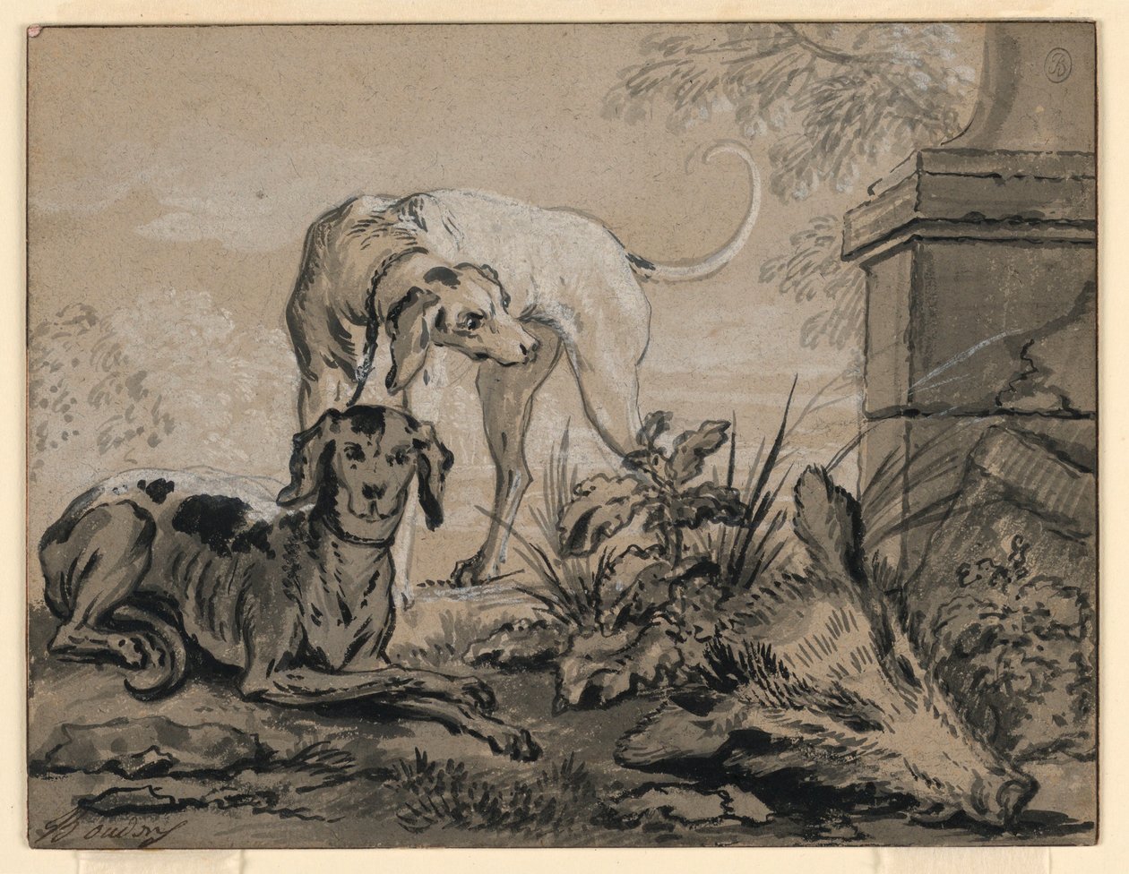 Kresba, Po lovu: dva psi vedle kančí hlavy, 1740 od Jean Baptiste Oudry