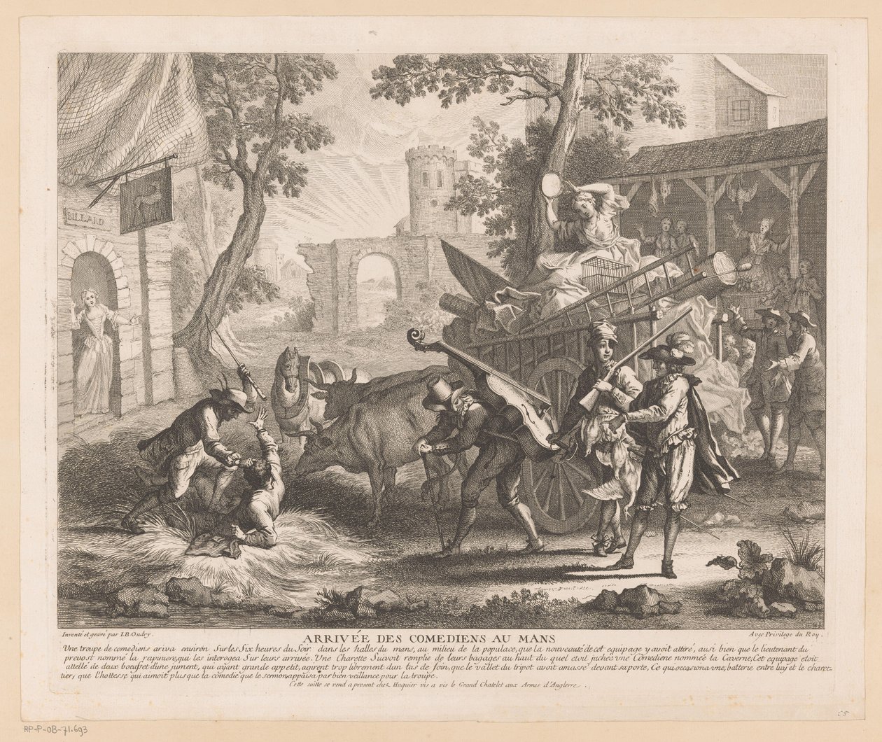 Společnost přijíždí do hostince Arrivée des comediens au Mans (název na objektu) Scény ze Scarronova Roman Comique (název série) od Jean Baptiste Oudry