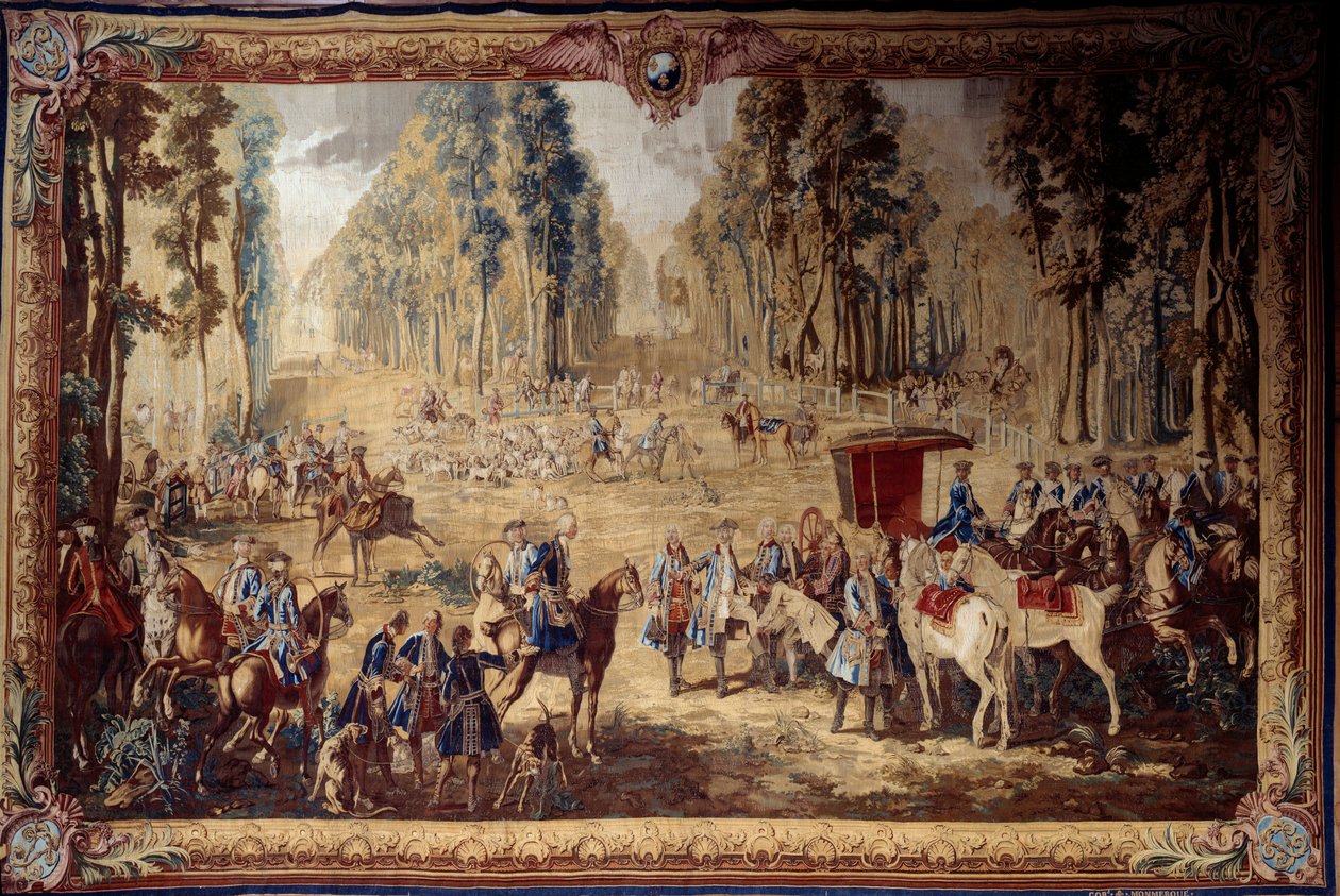 Závěs znázorňující hony Ludvíka XVI.: setkání na křižovatce u Královy studny v lese Compiegne. Gobelín Jean Baptiste Oudry (1686-1755) 1737 Ne. 4,3x6,55 m Compiegne, musee national du chateau od Jean Baptiste Oudry