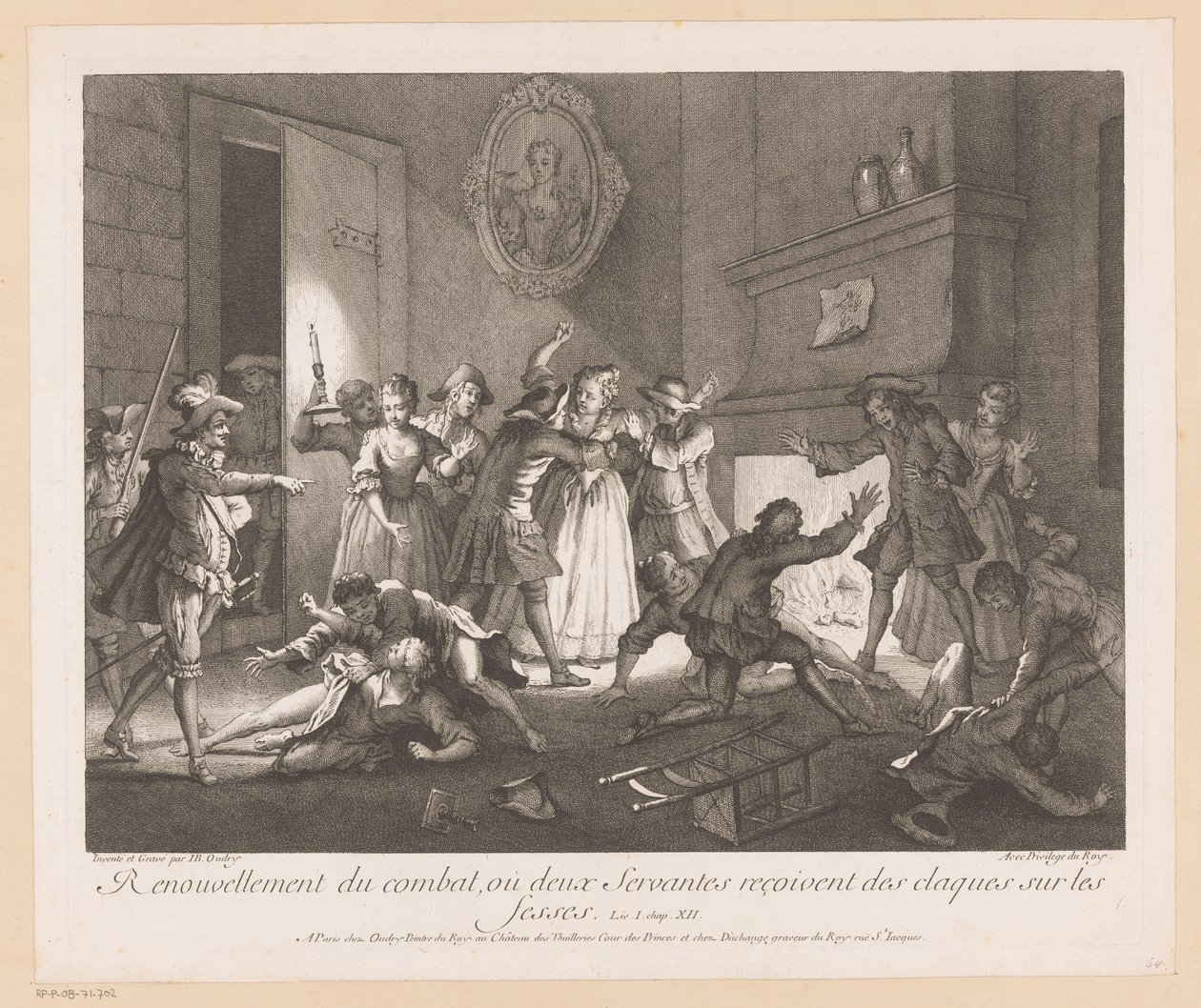 Interiér se setkal s groep vechtende mensen Obnovení boje, kde dva sluhové dostávají facky po zadku (titul na předmětu) Scény od Romana Comique van Scarrona (název série) od Jean Baptiste Oudry
