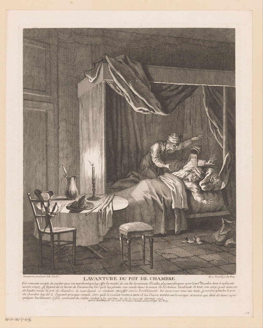 Člověk je probuzen tím, že se nad ním vyprázdní komora Lavanture du pot de chambre (název na objektu) Scény ze Scarronova Roman Comique (název série) od Jean Baptiste Oudry