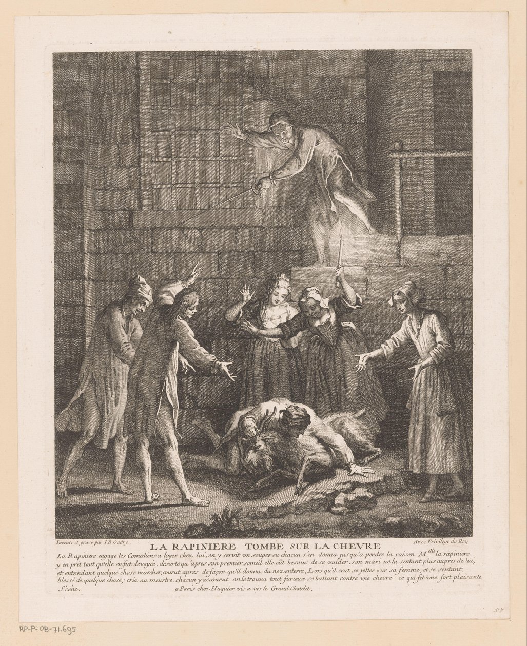 Muž valt bovenop een geit La Rapinière padá na kozu (titul na předmětu) Scény od Romana Comique van Scarrona (název série) od Jean Baptiste Oudry