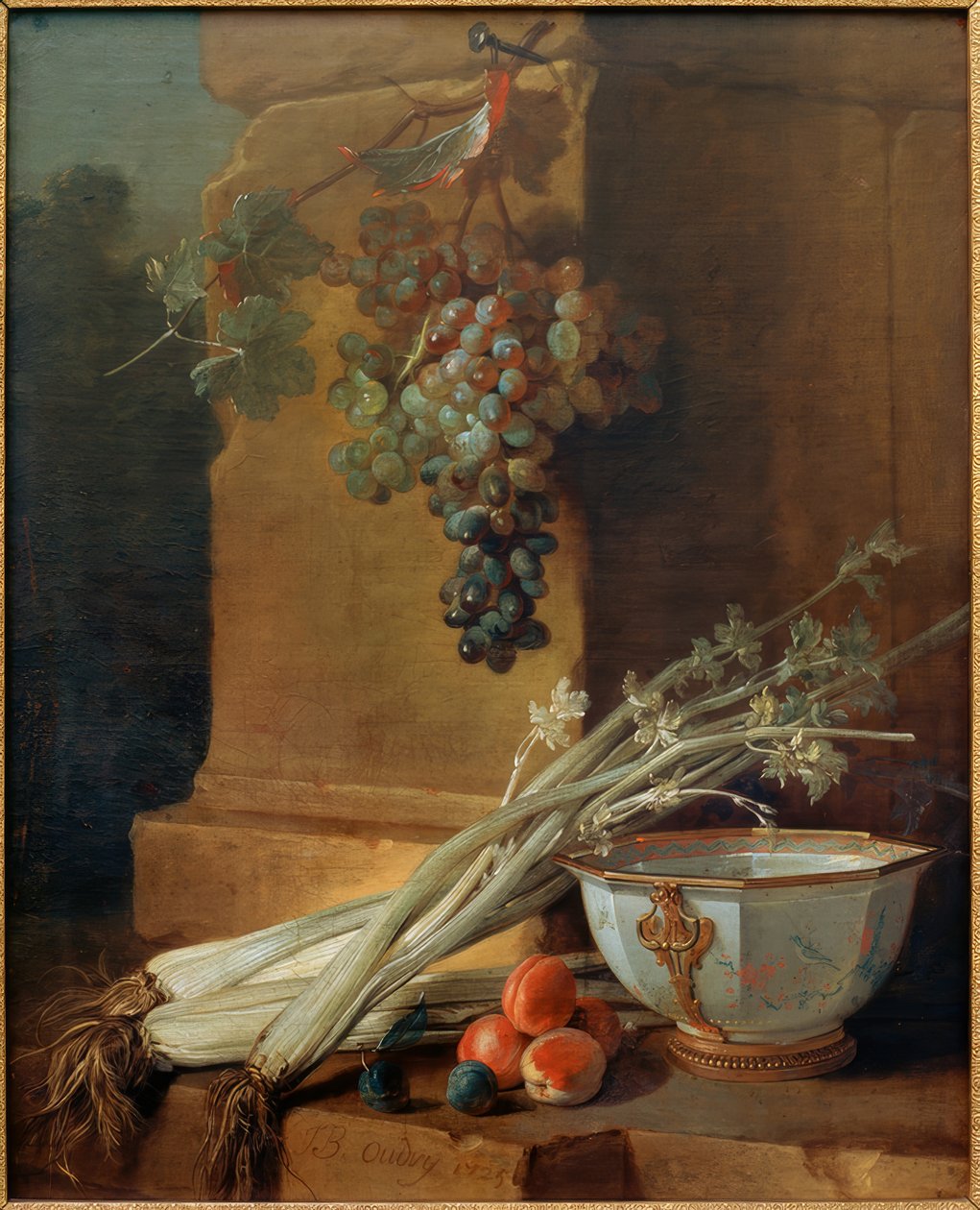 Zátiší s ovocem, celerem a šálkem por od Jean Baptiste Oudry