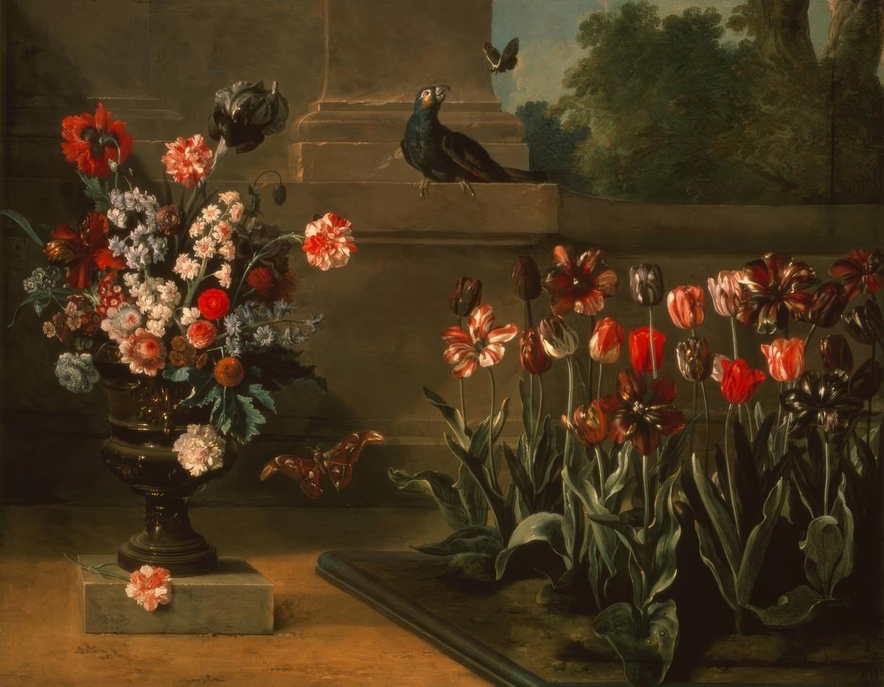 Tulipánový záhon a květinová váza u paty zdi od Jean Baptiste Oudry