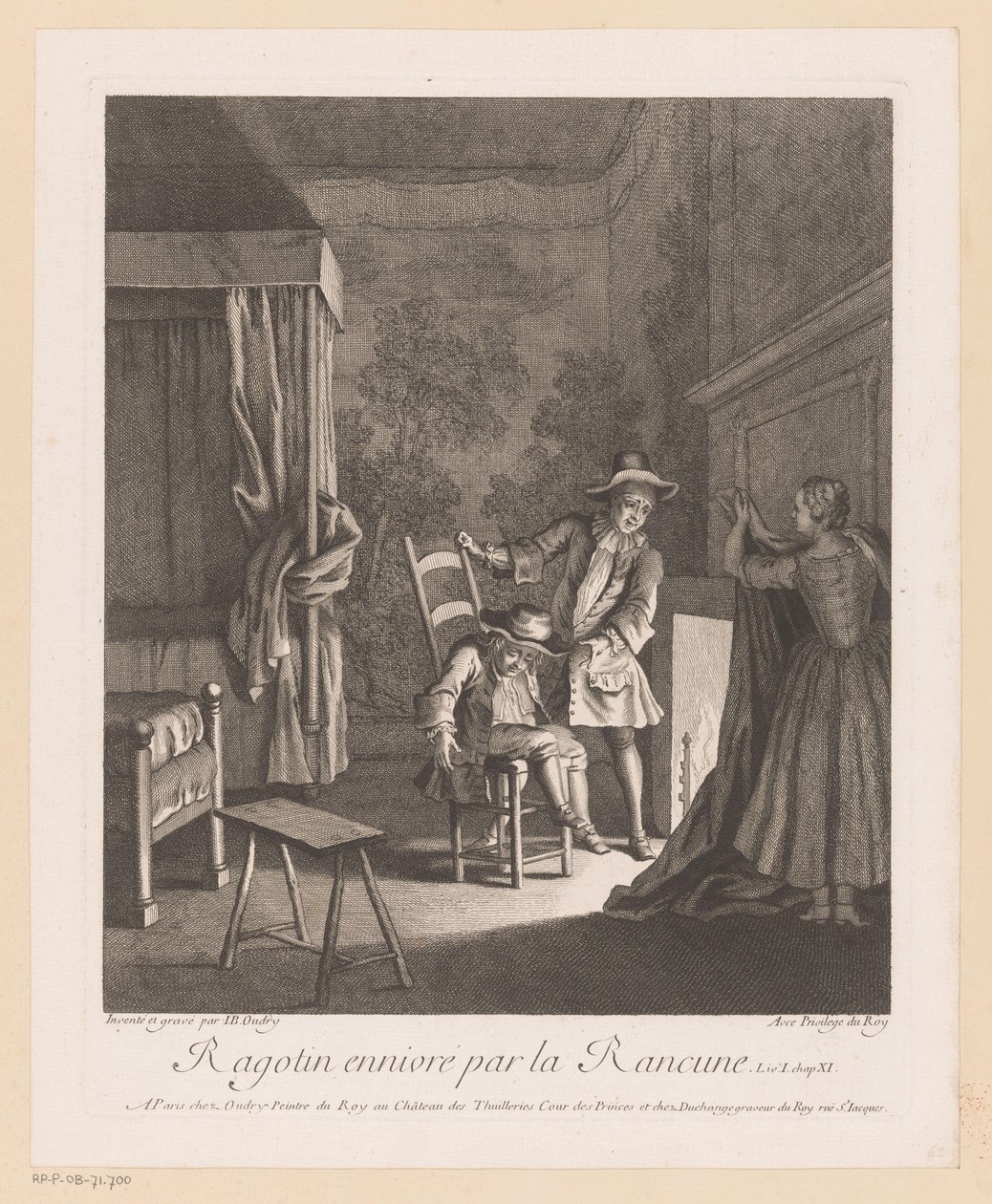 Ragotin opilý na židli u ohně Ragotin ennivré par la rancune (název na objektu) Scény ze Scarronova Roman Comique (název série) od Jean Baptiste Oudry