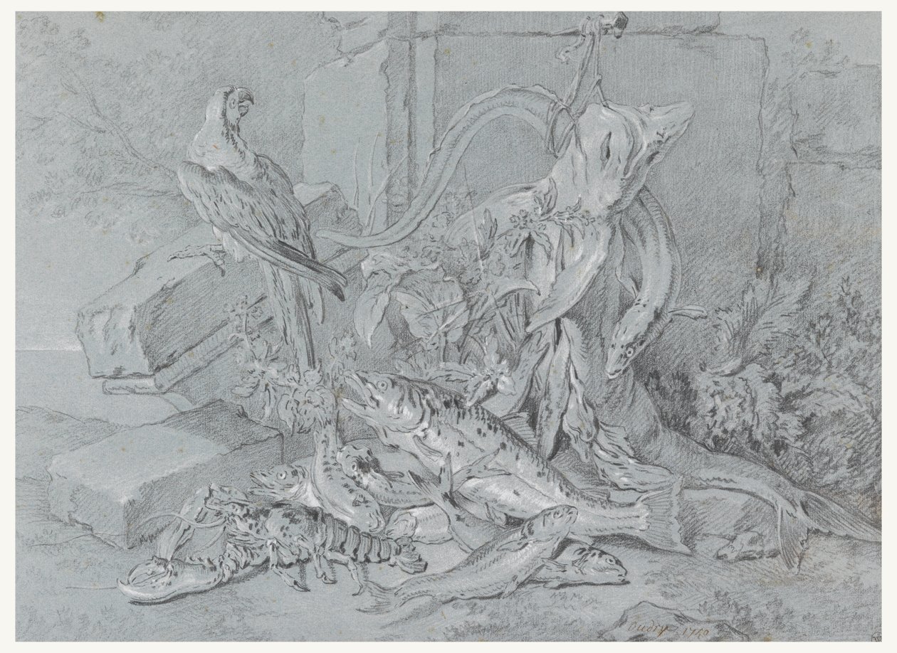 Zátiší s rybou a papouškem od Jean Baptiste Oudry