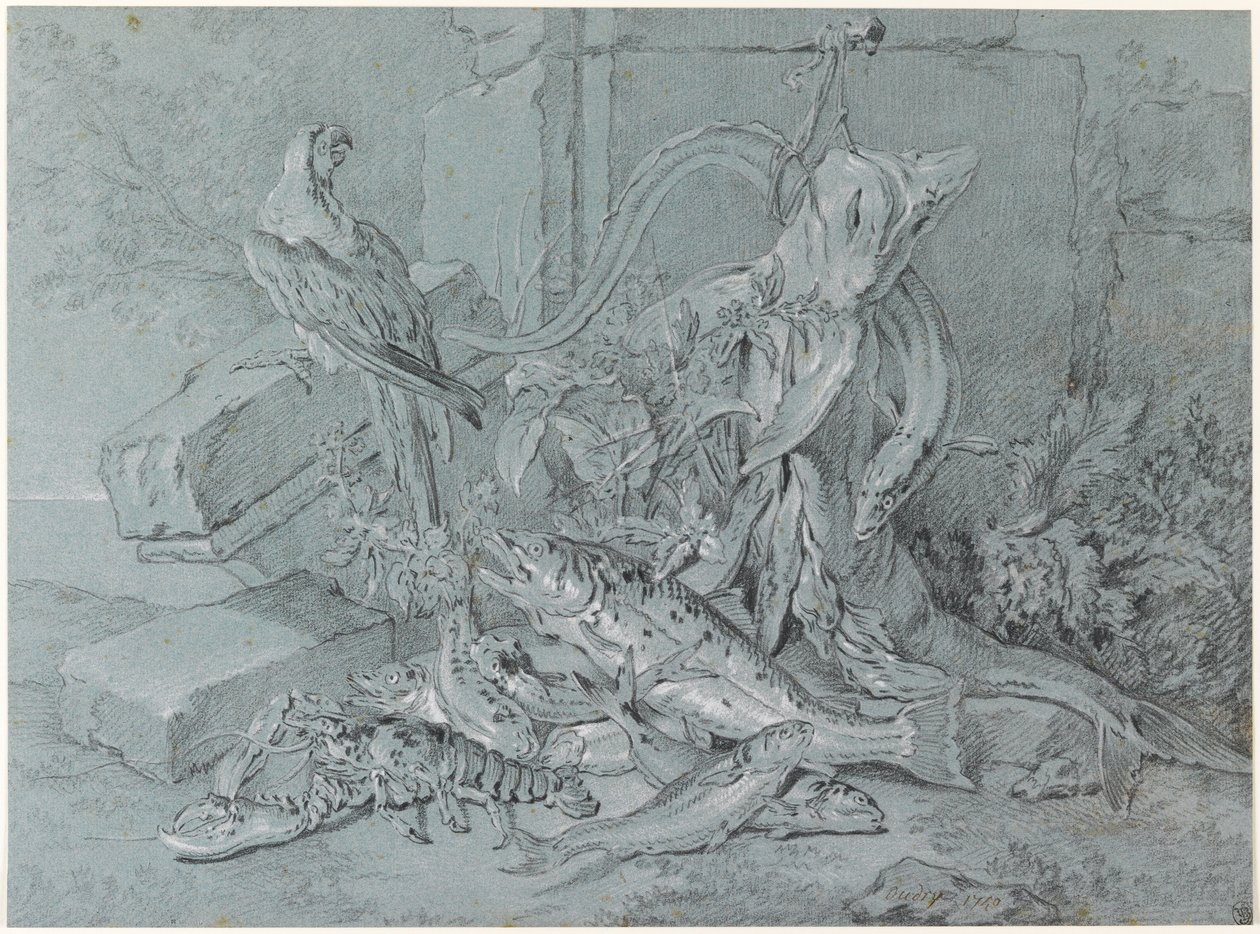 Zátiší s rybou a papouškem od Jean Baptiste Oudry