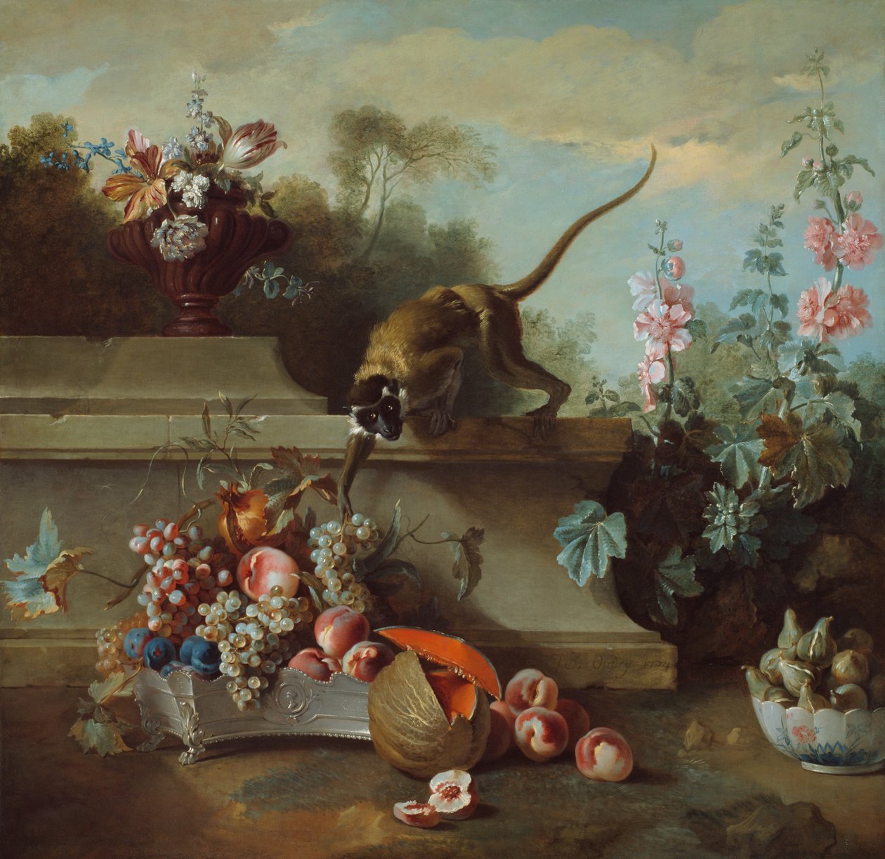 Zátiší s opicí, ovocem a květinami od Jean Baptiste Oudry