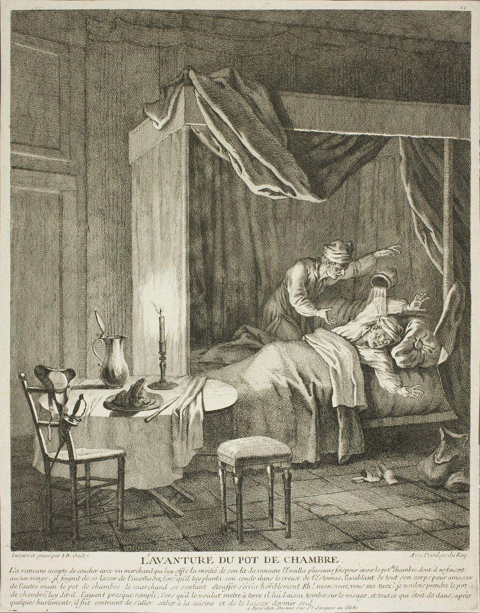 Dobrodružství komorního hrnce, čtvrtý talíř ze Scènes du Roman Comique od Jean Baptiste Oudry