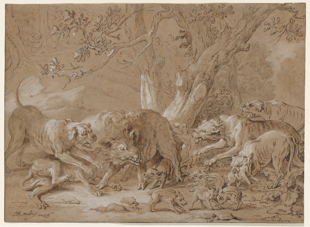 Divoká prasnice a její mládě napadené psy od Jean Baptiste Oudry