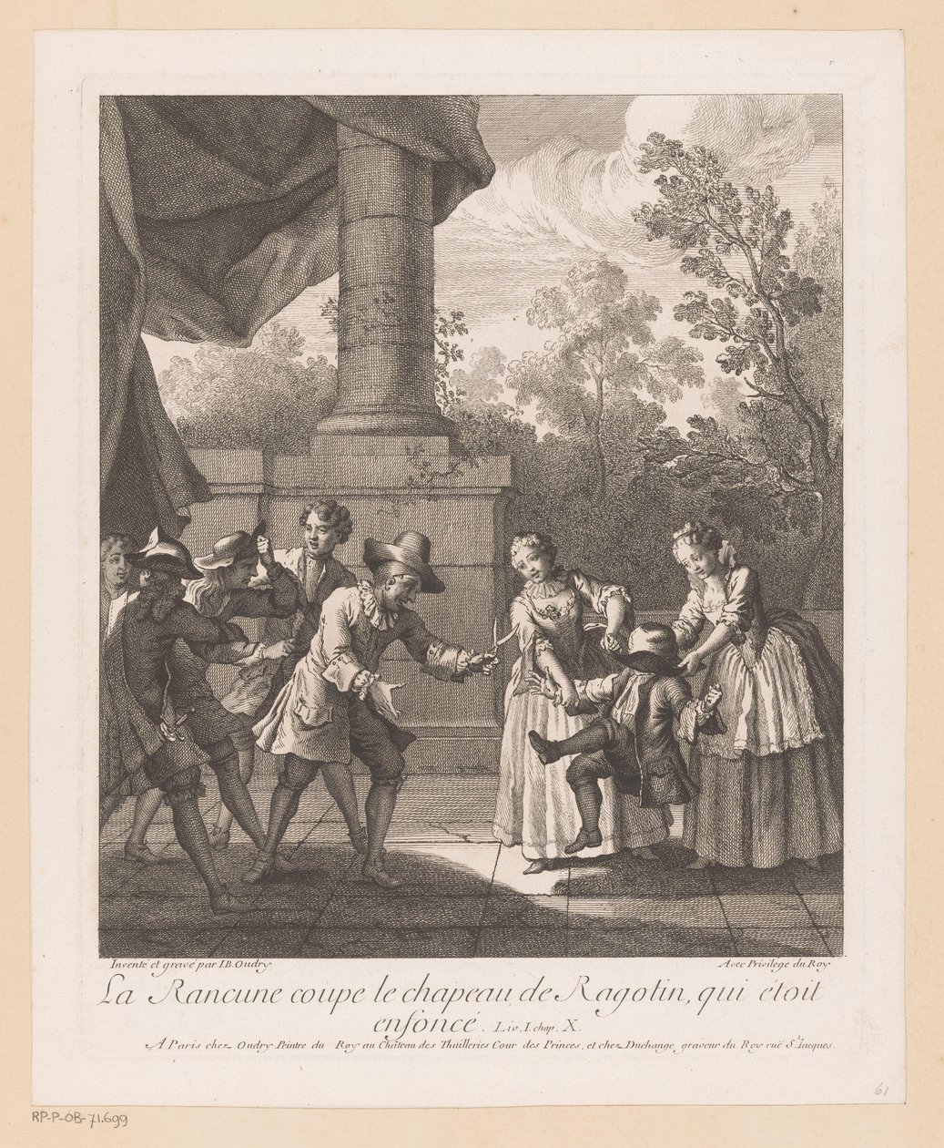 Wrok knipt by Hoed van Ragotin La Rancune usekne Ragotinovi klobouk (název na předmětu) Scény od Romana Comique van Scarrona (název série) od Jean Baptiste Oudry