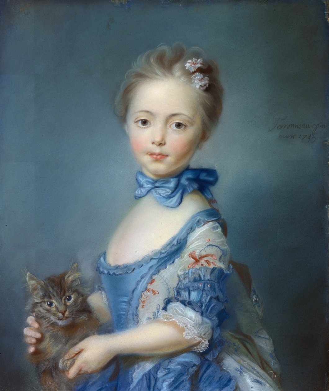 Portrét mladé dívky s kočkou“ Pastelový obraz od Jean-Baptiste Perroneau (Jean Baptiste Perronneau) (1715-1783) od Jean Baptiste Perronneau