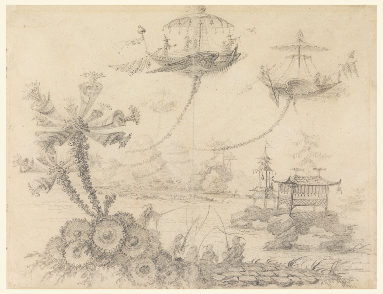 Kresba, Chinoiserie Fantasy, 1770-90 od Jean Baptiste Pillement
