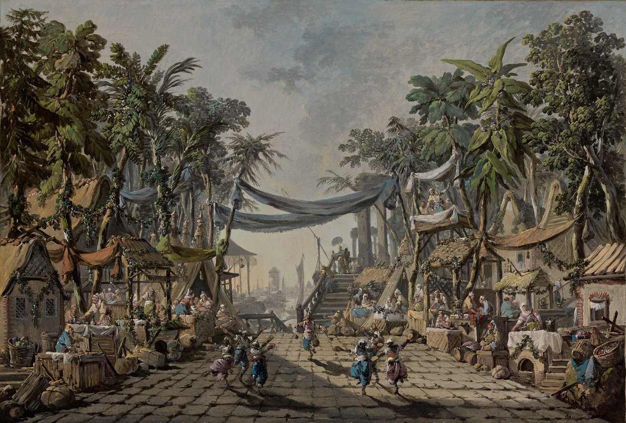 Tržní scéna v imaginárním orientálním přístavu od Jean Baptiste Pillement