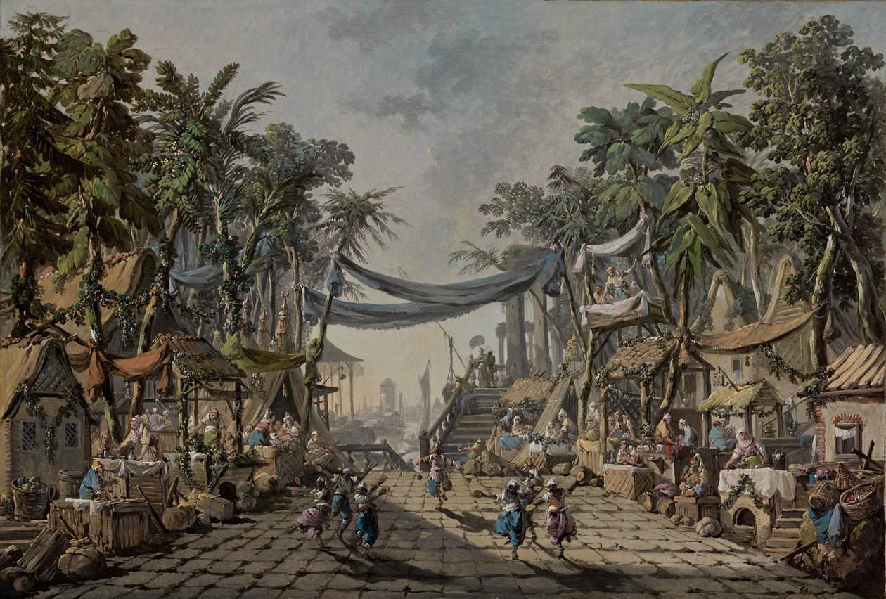 Trhová scéna v imaginárním orientálním přístavu, c. 1764 (olej na plátně) od Jean Baptiste Pillement