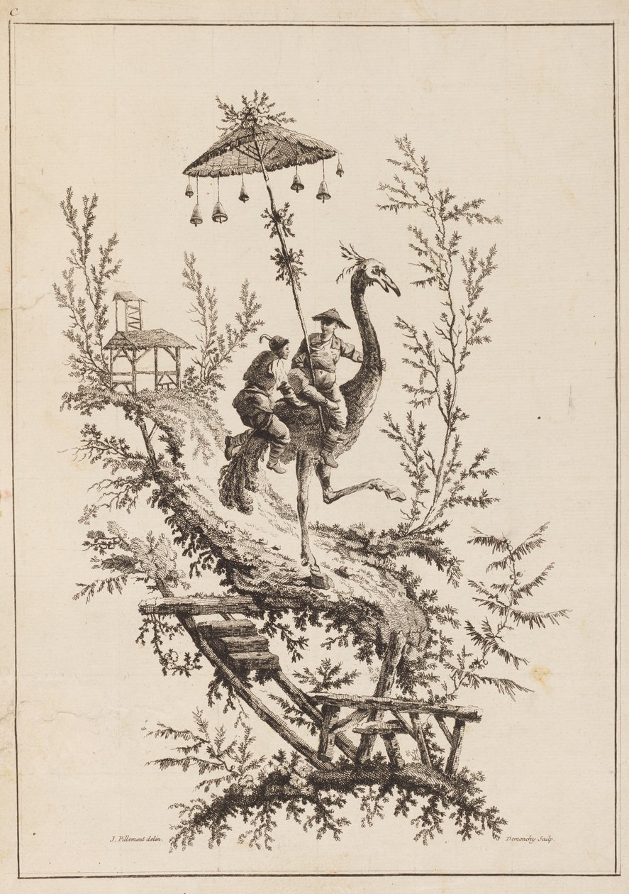 Pštrosí jezdci, talíř ze sady reprezentací Chinoiserie od Jean Baptiste Pillement