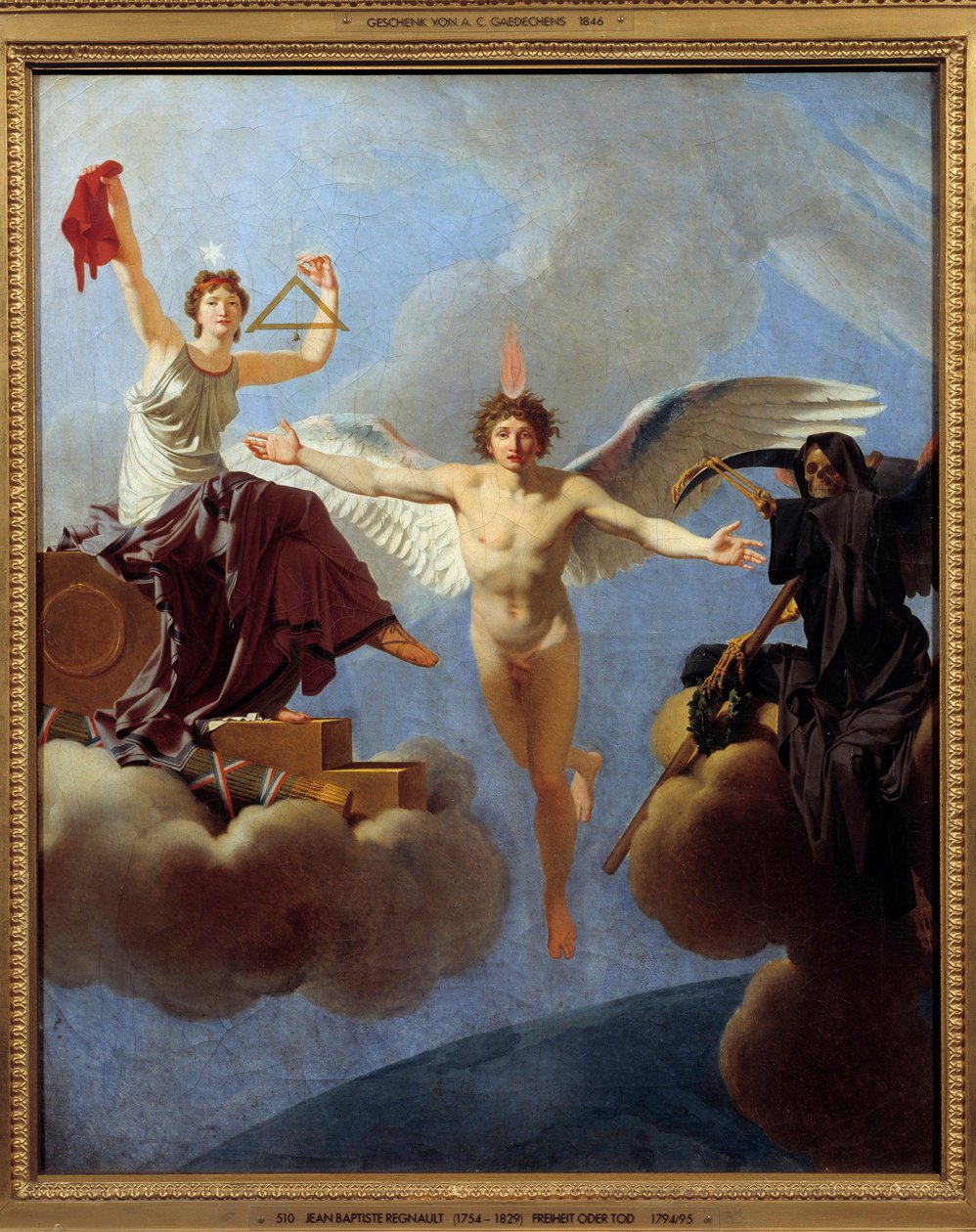 La Liberte ou la Mort Allegorie de la Liberte vlevo, pokrytá Diademe de la Reason, dědictvím Siecle des Lumieres. Levou rukou ovládá čtverec a olověný drát symbolizující rovnost v občanství. Ztělesňuje hodnoty t od Jean Baptiste Regnault