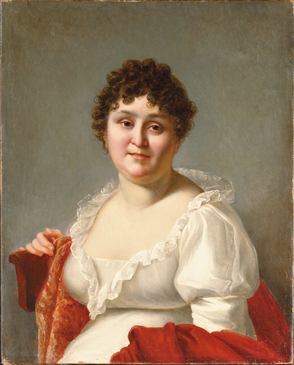 Portrét madame Regnaultové, po poprsí, v bílých šatech a tomelovém šátku (olej na plátně) od Jean Baptiste Regnault