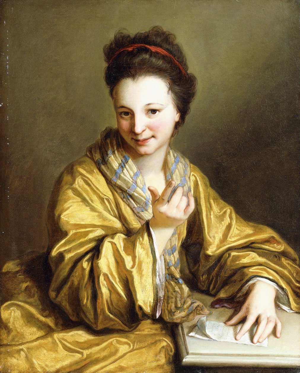 Mladá dáma ve žlutém rouchu, sedící u stolu, vábící, 1703 od Jean Baptiste Santerre