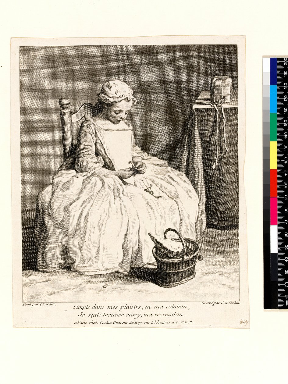 Holčička s obědem (La Petite Fille aux Cerises) vyrytý Charlesem Nicolasem Cochinem I (1688-1754) 1738 (lept a rytina) od Jean Baptiste Simeon (after) Chardin