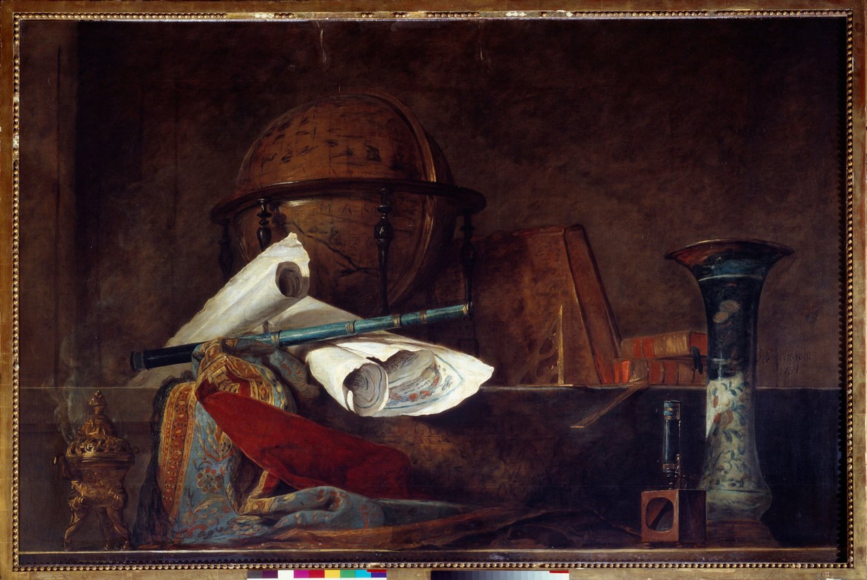 Alegorie vědy Zátiší, zeměkoule, geografické mapy, knihy a váza. Obraz Jean Baptiste Simeon Chardin (1699-1779) Paříž 18. století, Musee Jacquemart Andre od Jean Baptiste Simeon Chardin
