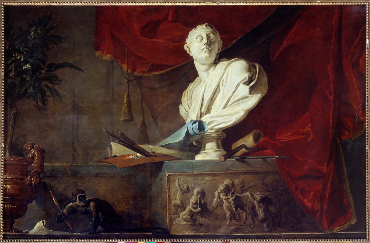 Alegorie umění Zátiší vyřezávaná busta, paleta a štětce, plátno, váleček. Obraz Jean Baptiste Simeon Chardin (1699-1779) Paříž 18. století, Musee Jacquemart Andre od Jean Baptiste Simeon Chardin