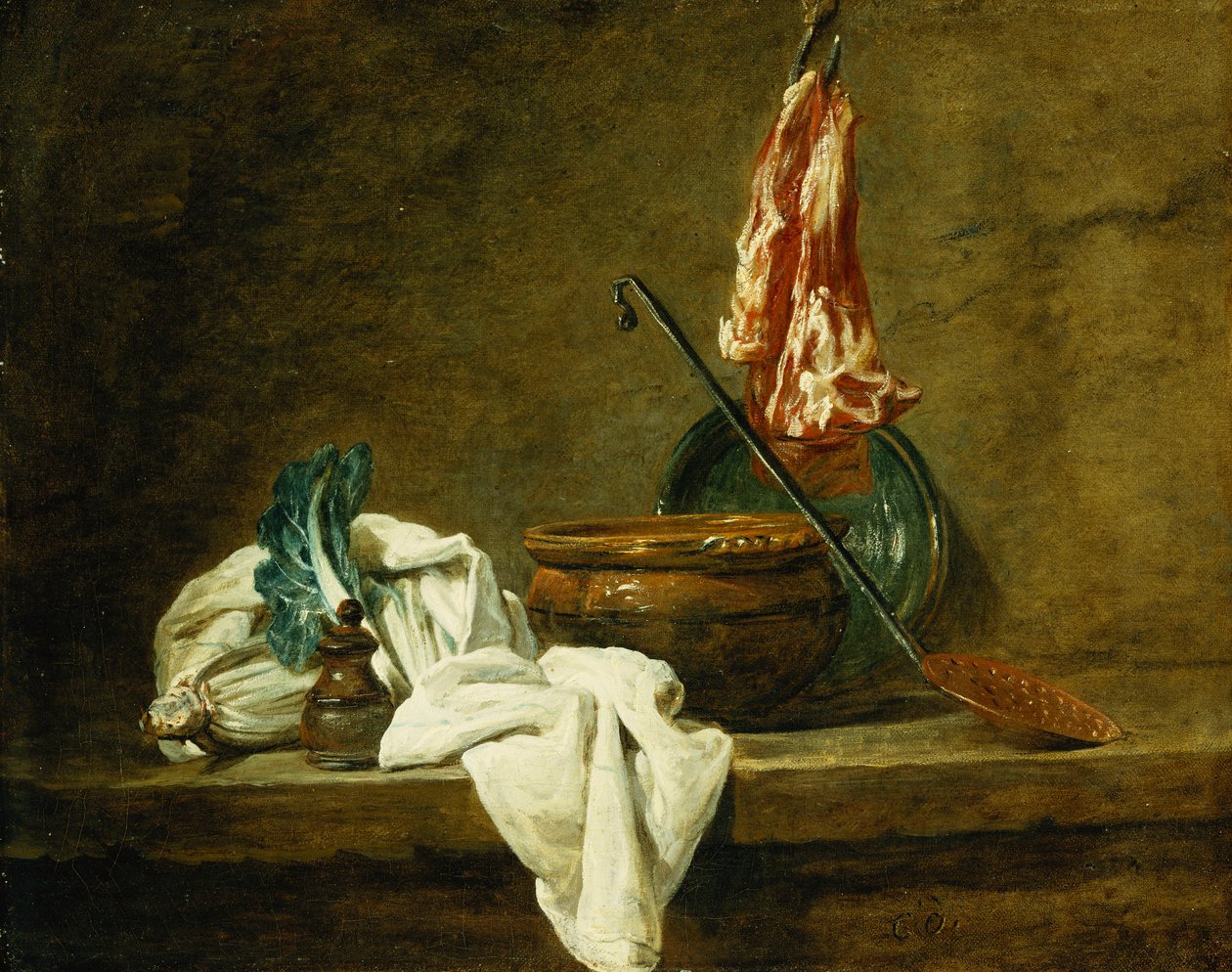 Řepa, krabička na koření, utěrka, hrnec, glazovaný kameninový talíř, skimmer, s masem na háku, na římse, 1734 od Jean Baptiste Simeon Chardin