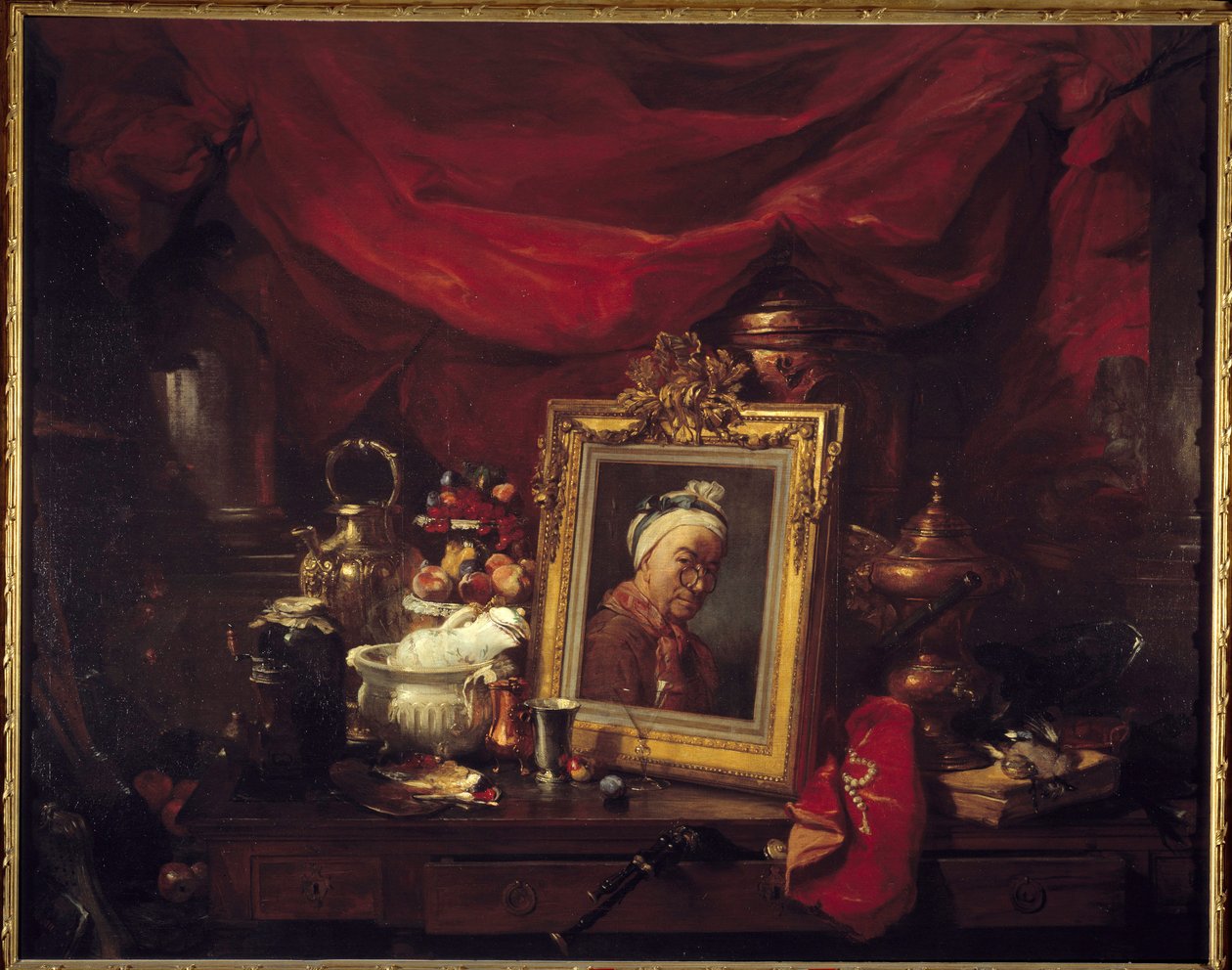 Chardin a jeho modely. Tabulka v poli (abyme). Obraz zobrazující Jean Baptiste Simeon Chardin (1699-1779) obklopuje zátiší. Obraz Philippe Rousseau (1816-1887) 1867 ne. 1,77x2,26 m Paříž, musee d