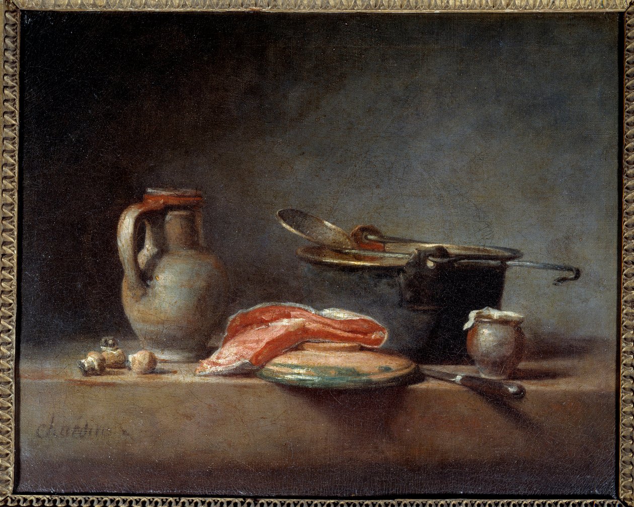 Měděný hrnec, skimmer, džbán a plátek lososa. Stálý život. Jean Baptiste Simeon Chardin (1699 - 1779) od Jean Baptiste Simeon Chardin