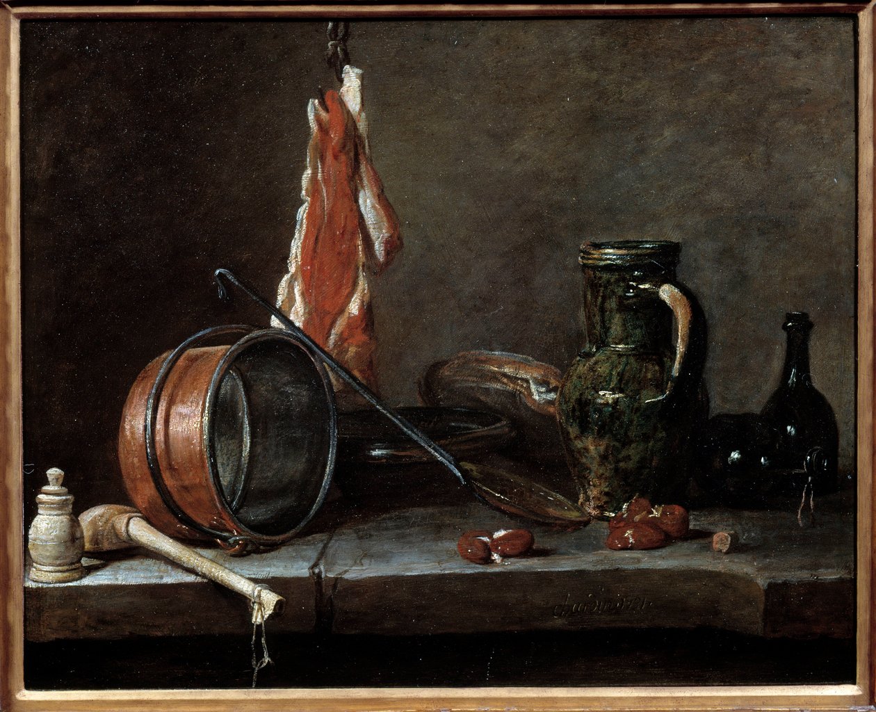 Tučné menu a kuchyňské náčiní. Stálý život. Obraz Jean Baptiste Simeon Chardin (1699-1779) od Jean Baptiste Simeon Chardin