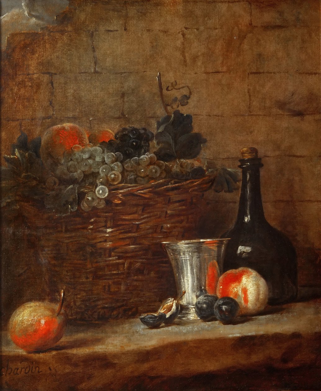 Ovocný koš s hrozny, stříbrný pohár a láhev, broskve, švestky a hruška od Jean Baptiste Simeon Chardin
