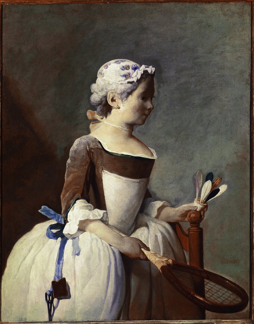 Dívka s raketou a pérákem (olej na plátně, kolem roku 1737) od Jean Baptiste Simeon Chardin