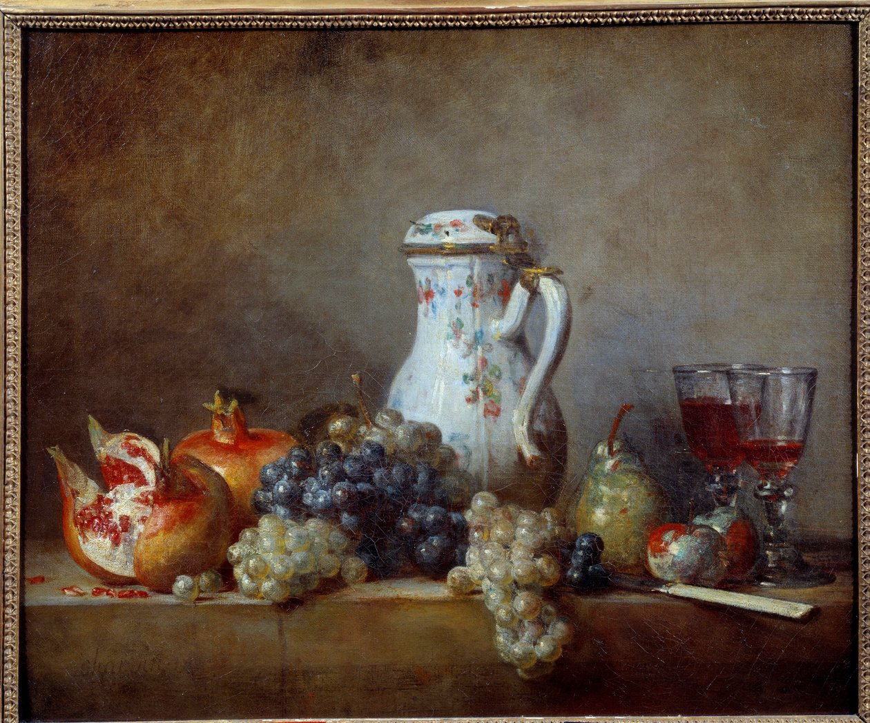 Obraz hrozny a granáty od Jean Baptiste Simeon Chardin (1699-1779) 1763 Ne. 0,47x0,57 m - Hrozny a granátová jablka. Obraz Jean Baptiste Simeon Chardin (1699-1779) od Jean Baptiste Simeon Chardin