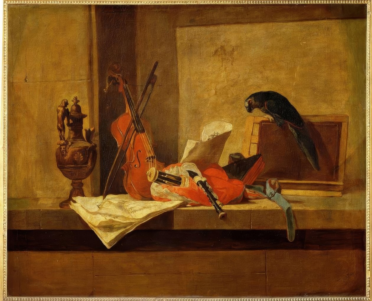 J.B.S. Chardin, Musikinstrumente u. Papag. od Jean-Baptiste Simeon Chardin