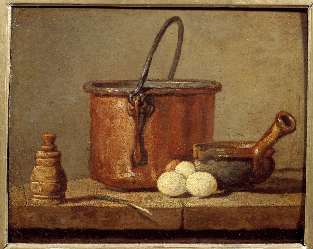 Kuchyňské náčiní, kotlík, poelon a vejce Obraz Jean baptiste Simeon Chardin (1699-1779) 18. století Sun. 0,21 x 0,17 m od Jean Baptiste Simeon Chardin