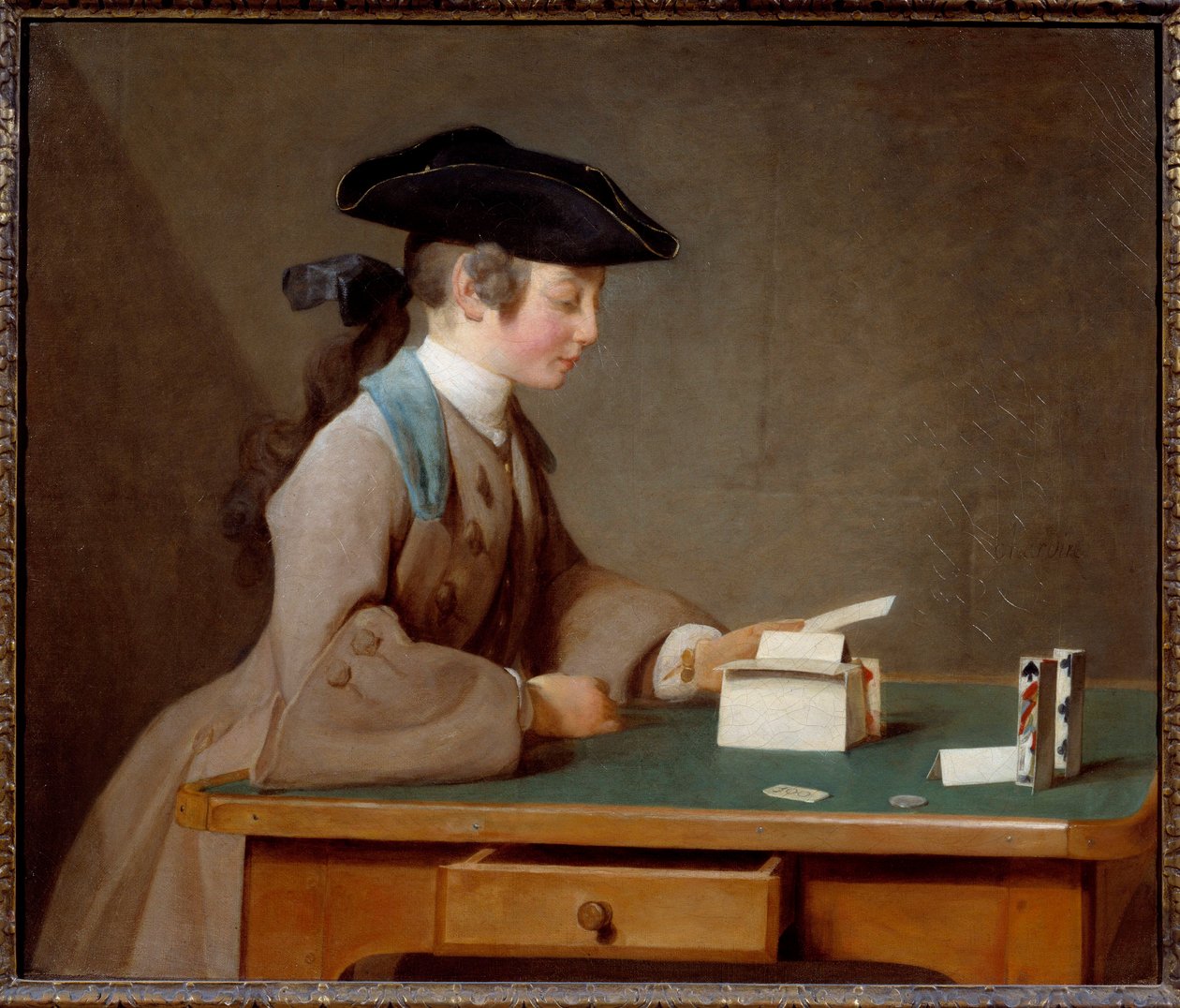 Domeček z karet nebo zvuk Monsieur Le Noir Obraz Jean Baptiste Simeon Chardin (1699-1779) 1737 Ne. 0,6x0,71 m Londýn, národní galerie - Dům z karet (aneb syn pana Noira) - Obraz Jean Baptiste Simeon Chardin (1699-1779), olej na od Jean Baptiste Simeon Chardin