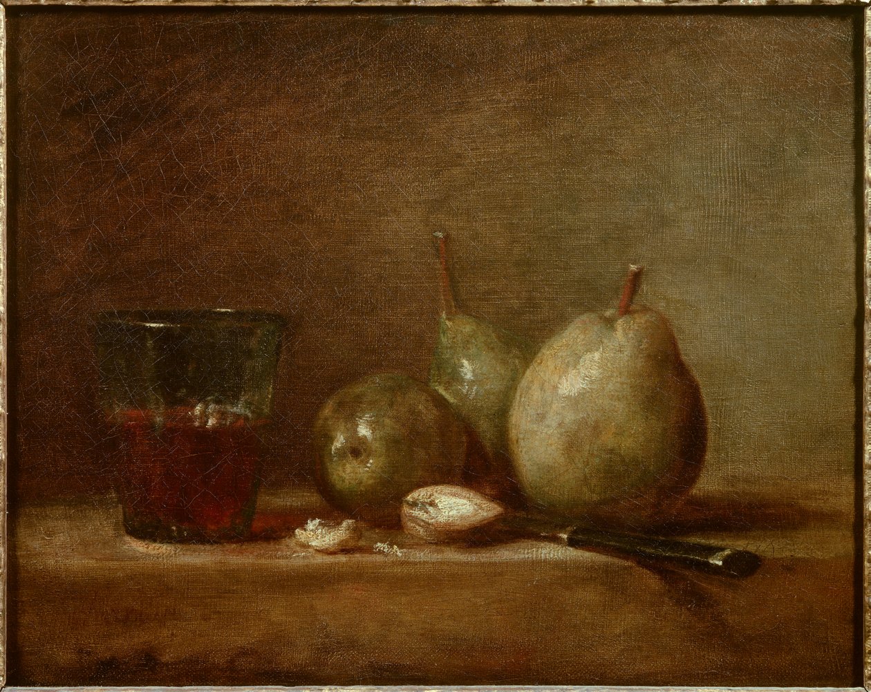 Hrušky, ořechy a sklenka vína. Stálý život. Obraz Jean Baptiste Simeon Chardin (1699-1779) od Jean Baptiste Simeon Chardin