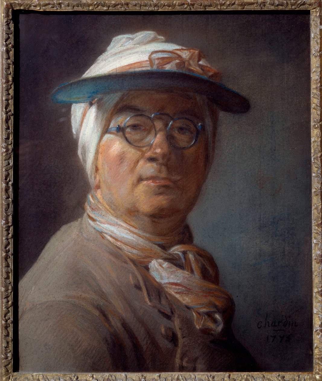 Autoportrét s názvem portrét zelené stínidlo Pastelový obraz od Jean Baptiste Simeon Chardin (1699-1779) 1775 Sun. 0,46x0,38 m - Salfův portrét (se zeleným odstínem) - Malba Jean Baptiste Simeon Chardin (1699-1779), pastel na papíře (46x38 cm) od Jean Baptiste Simeon Chardin