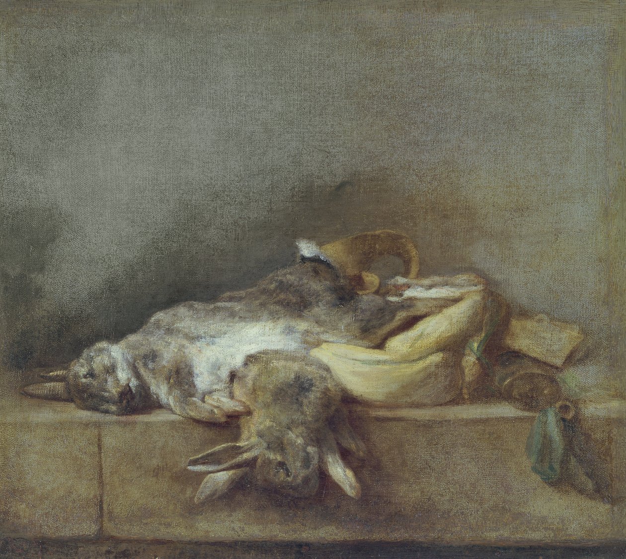 Zátiší s králíky, brašna a roh na prach, kolem roku 1755 od Jean Baptiste Simeon Chardin