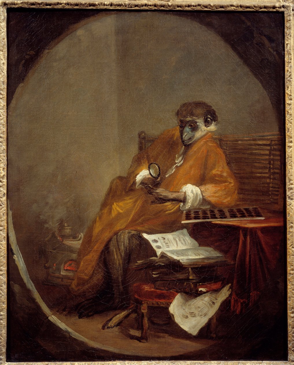 Starožitná opice. Znázornění opice v postoji člověka. Obraz Jean Baptiste Simeon Chardin (1699-1779) od Jean Baptiste Simeon Chardin