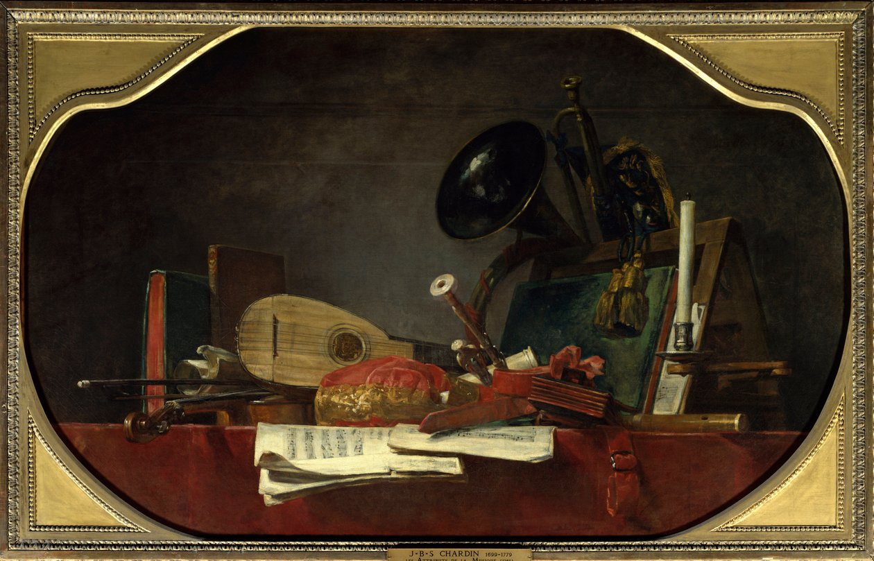 Atributy hudby Zátiší s partiturou, housle, mandora, dvorní musette, traversierova flétna, lesní roh a trubka. Obraz Jean Baptiste Simeon Chardin (1699-1779) 1765 Ne. 0,91 x 1,45 m Paříž, Musee du Louvre. od Jean Baptiste Simeon Chardin